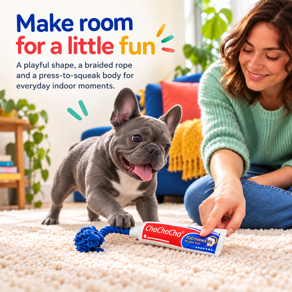 PYROEPLEEA Toothpaste Tube Squeaky Dog Toy with Colorful Printed Fabric and Blue Knotted Rope, Approx. 12 in Long, Funny Dog Birthday Gift