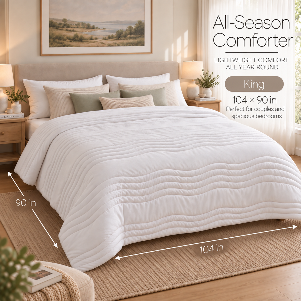 PYROEPLEEA All Season Comforter King 104 x 90 Inches, Ultra Soft Brushed Microfiber Down Alternative Comforter, Lightweight Wave Quilted Bedding, Machine Washable, White