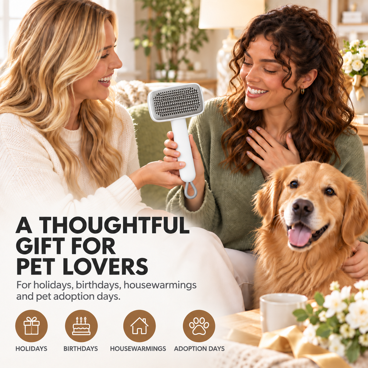 PYROEPLEEA Self-Cleaning Slicker Brush for Dogs and Cats, Push-Button Pet Grooming Tool, White, 1 Count