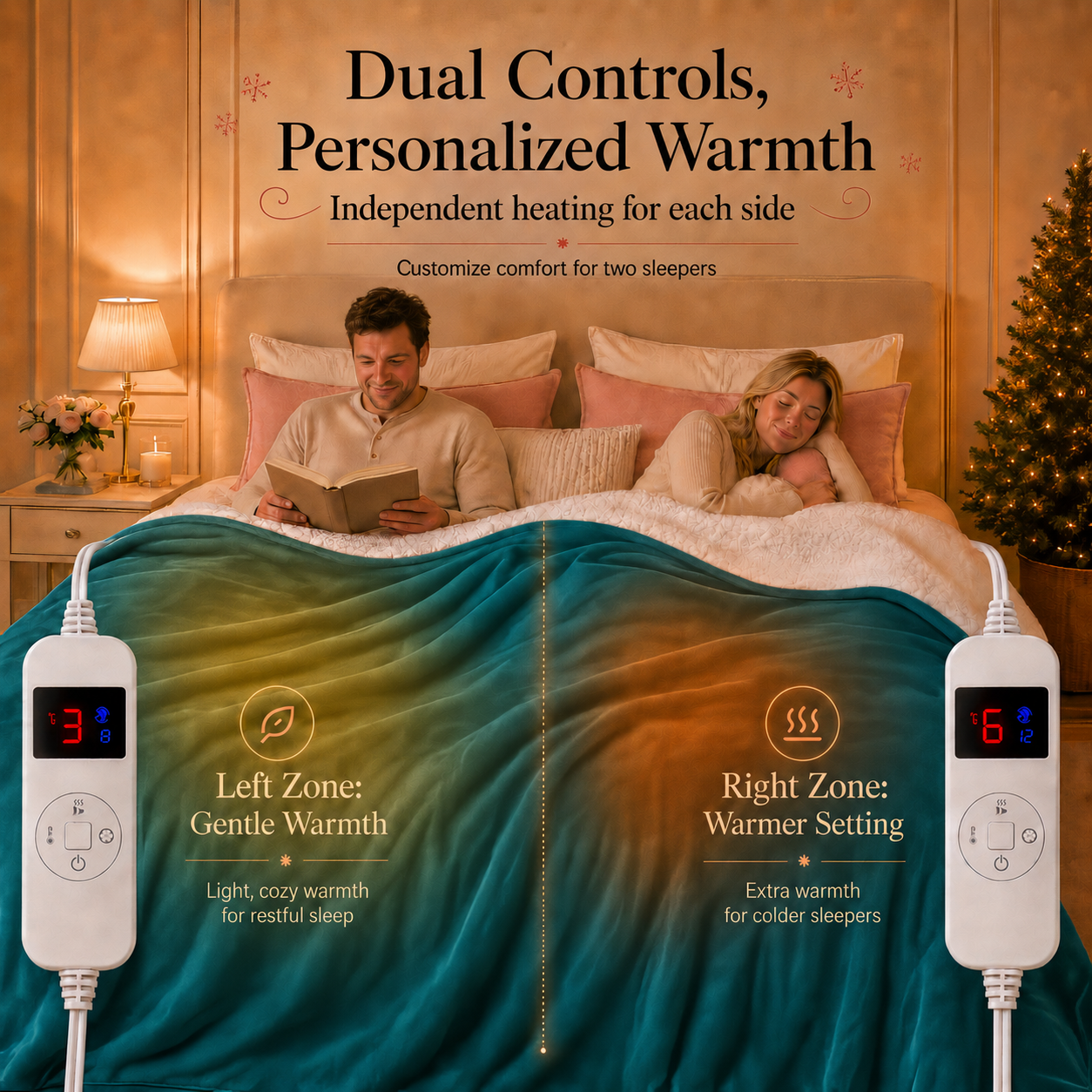 PYROEPLEEA Heated Electric Blanket Queen 84 x 90 in, Flannel Sherpa, 2 Controllers, Dual Zone, 6 Heat Settings, 1-12 Hour Auto Off, Washable-Blue Green