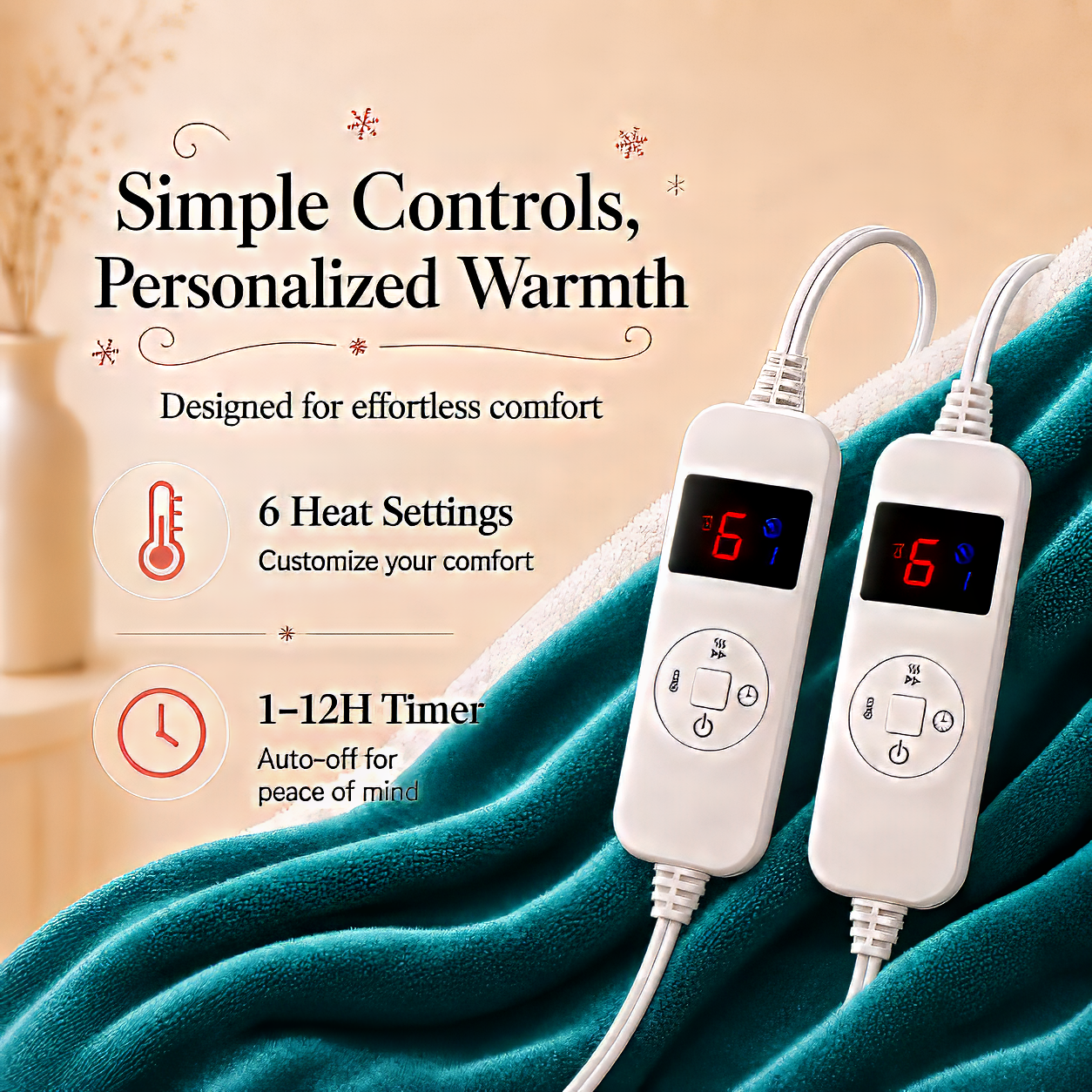 PYROEPLEEA Heated Electric Blanket Queen 84 x 90 in, Flannel Sherpa, 2 Controllers, Dual Zone, 6 Heat Settings, 1-12 Hour Auto Off, Washable-Blue Green