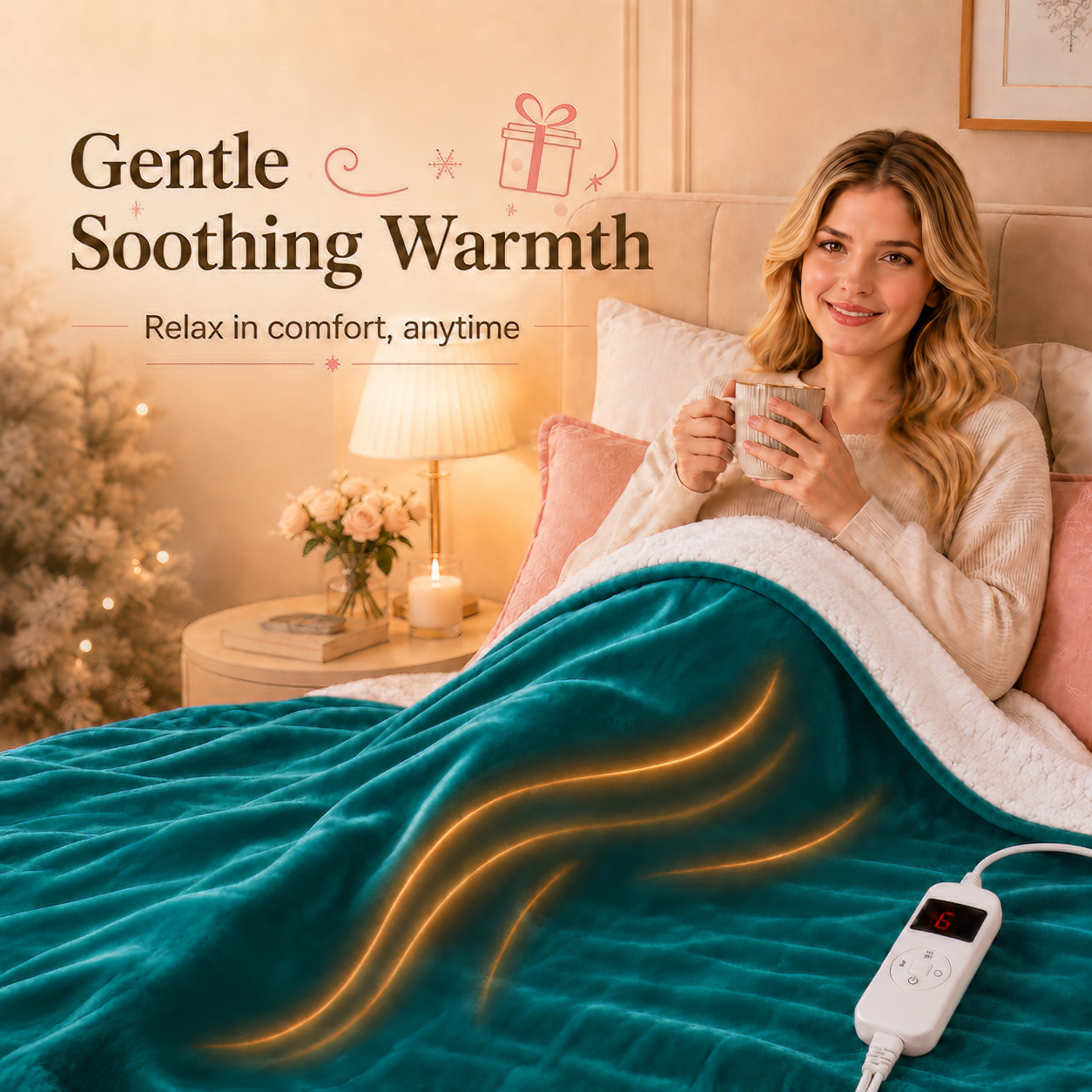 PYROEPLEEA Heated Electric Blanket Queen 84 x 90 in, Flannel Sherpa, 2 Controllers, Dual Zone, 6 Heat Settings, 1-12 Hour Auto Off, Washable-Blue Green