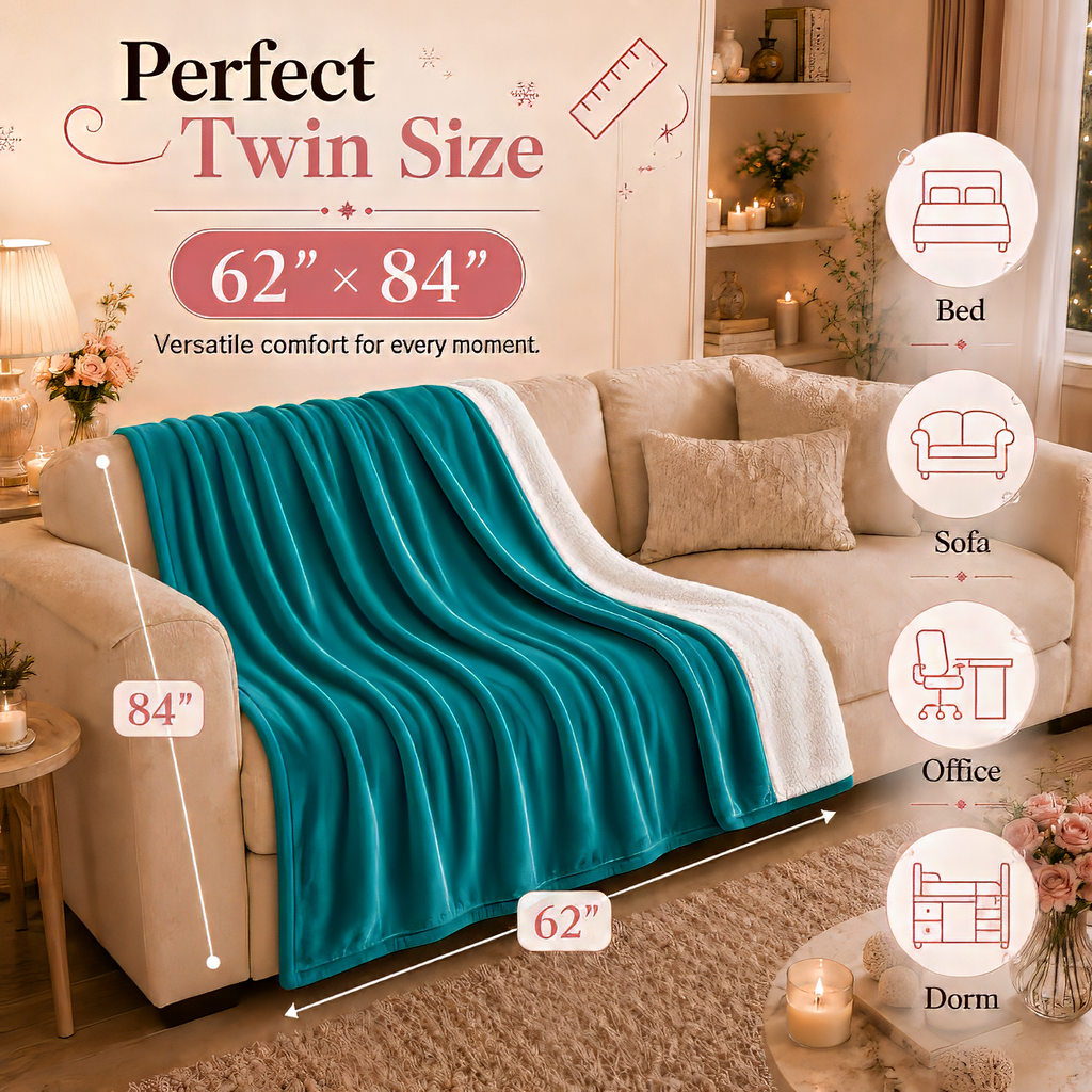 PYROEPLEEA Heated Electric Blanket Twin 62 x 84 in, Flannel Sherpa, 6 Heat Settings, 1-12 Hour Auto Off, Machine Washable for Bed or Couch-Blue Green