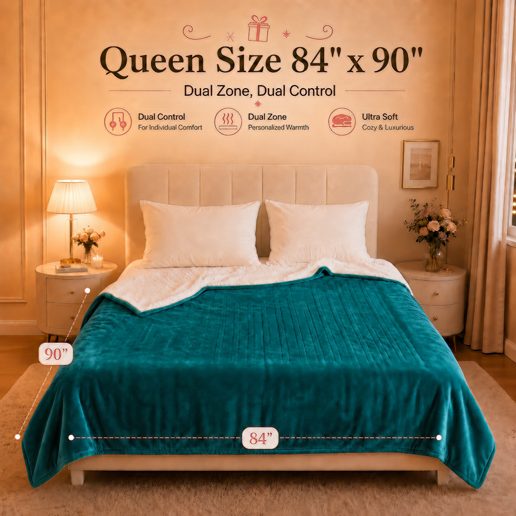 PYROEPLEEA Heated Electric Blanket Queen 84 x 90 in, Flannel Sherpa, 2 Controllers, Dual Zone, 6 Heat Settings, 1-12 Hour Auto Off, Washable-Blue Green