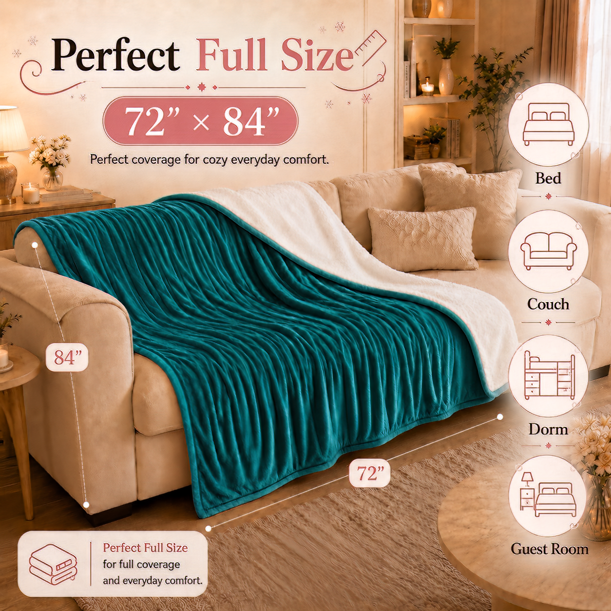 PYROEPLEEA Heated Electric Blanket Full Size 72 x 84 in, Flannel Sherpa, 6 Heat Settings, 1-12 Hour Auto Off, Machine Washable for Bed or Couch-Blue Green