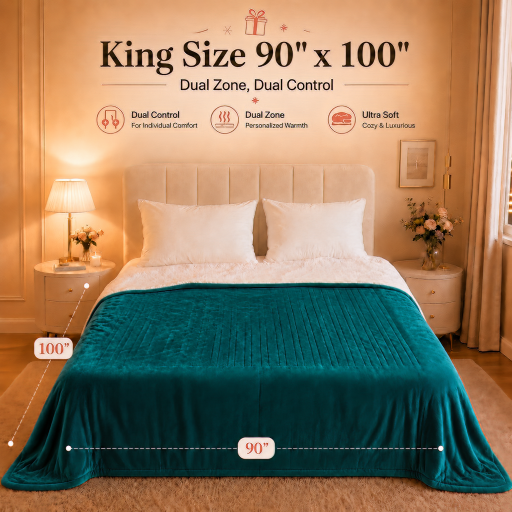 PYROEPLEEA Heated Electric Blanket King 90 x 100 in, Flannel Sherpa, 2 Controllers, Dual Zone, 6 Heat Settings, 1-12 Hour Auto Off, Washable-Blue Green