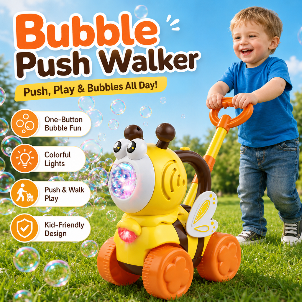 Bubble Machine for Toddlers, Cute Bee-Shaped 2-in-1 Push Walker & Handheld Bubble Blower Toy with Colorful Lights, Outdoor Toy for Boys and Girls