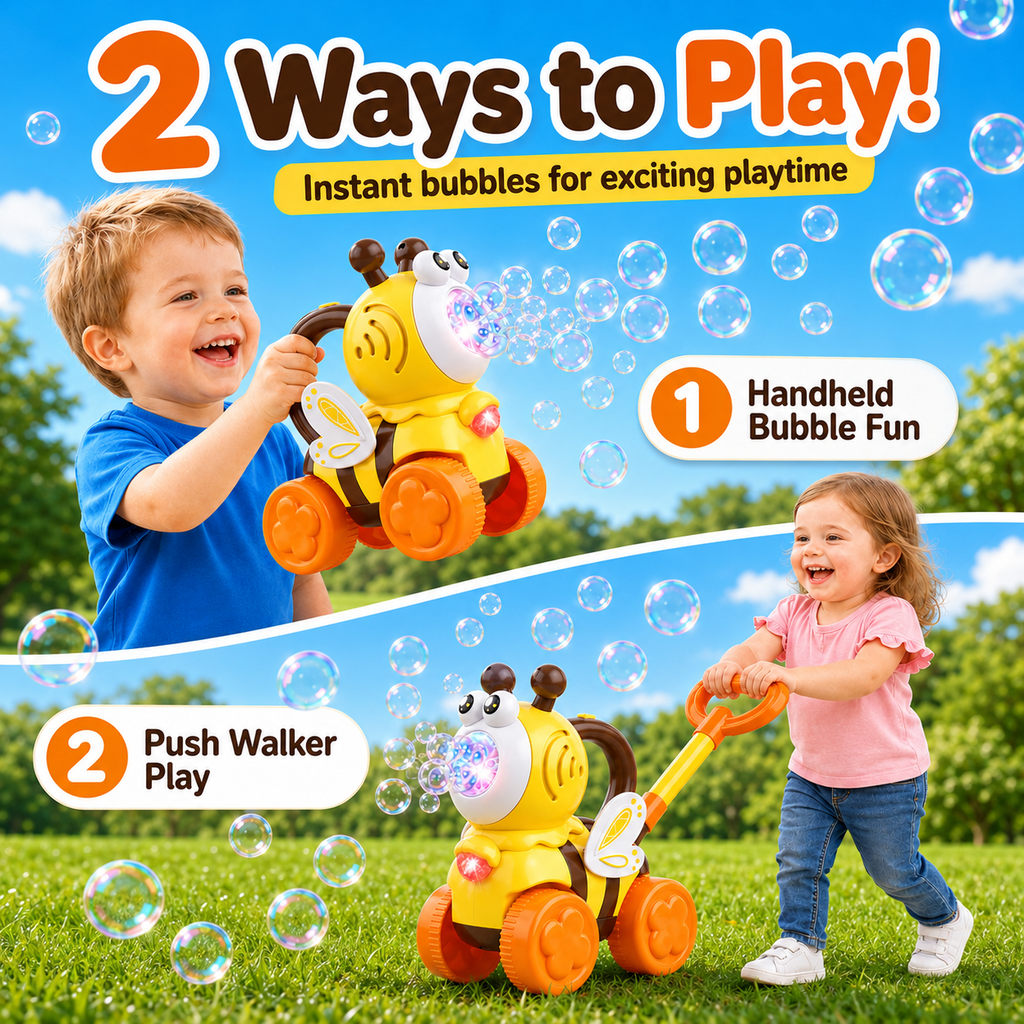 Bubble Machine for Toddlers, Cute Bee-Shaped 2-in-1 Push Walker & Handheld Bubble Blower Toy with Colorful Lights, Outdoor Toy for Boys and Girls