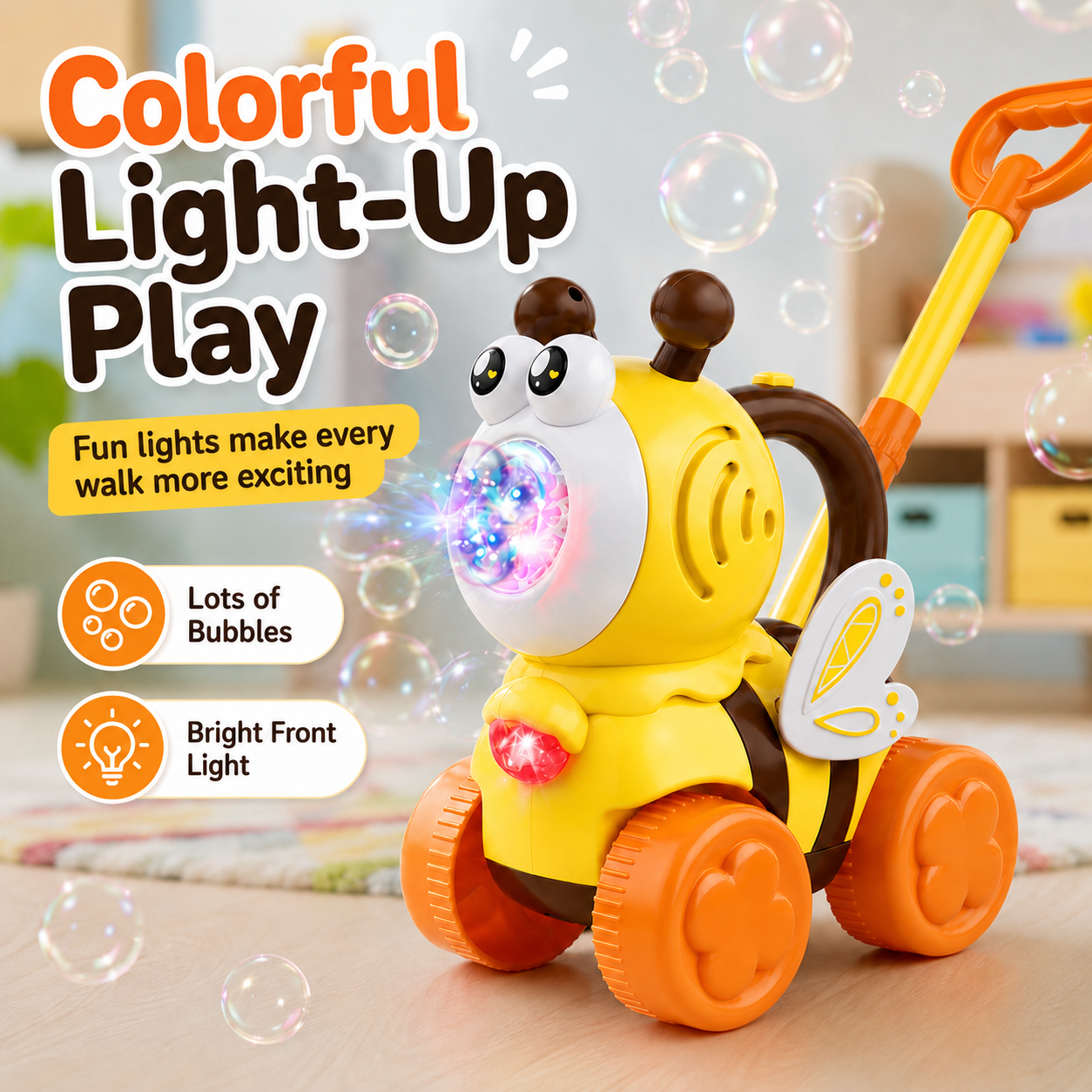 Bubble Machine for Toddlers, Cute Bee-Shaped 2-in-1 Push Walker & Handheld Bubble Blower Toy with Colorful Lights, Outdoor Toy for Boys and Girls