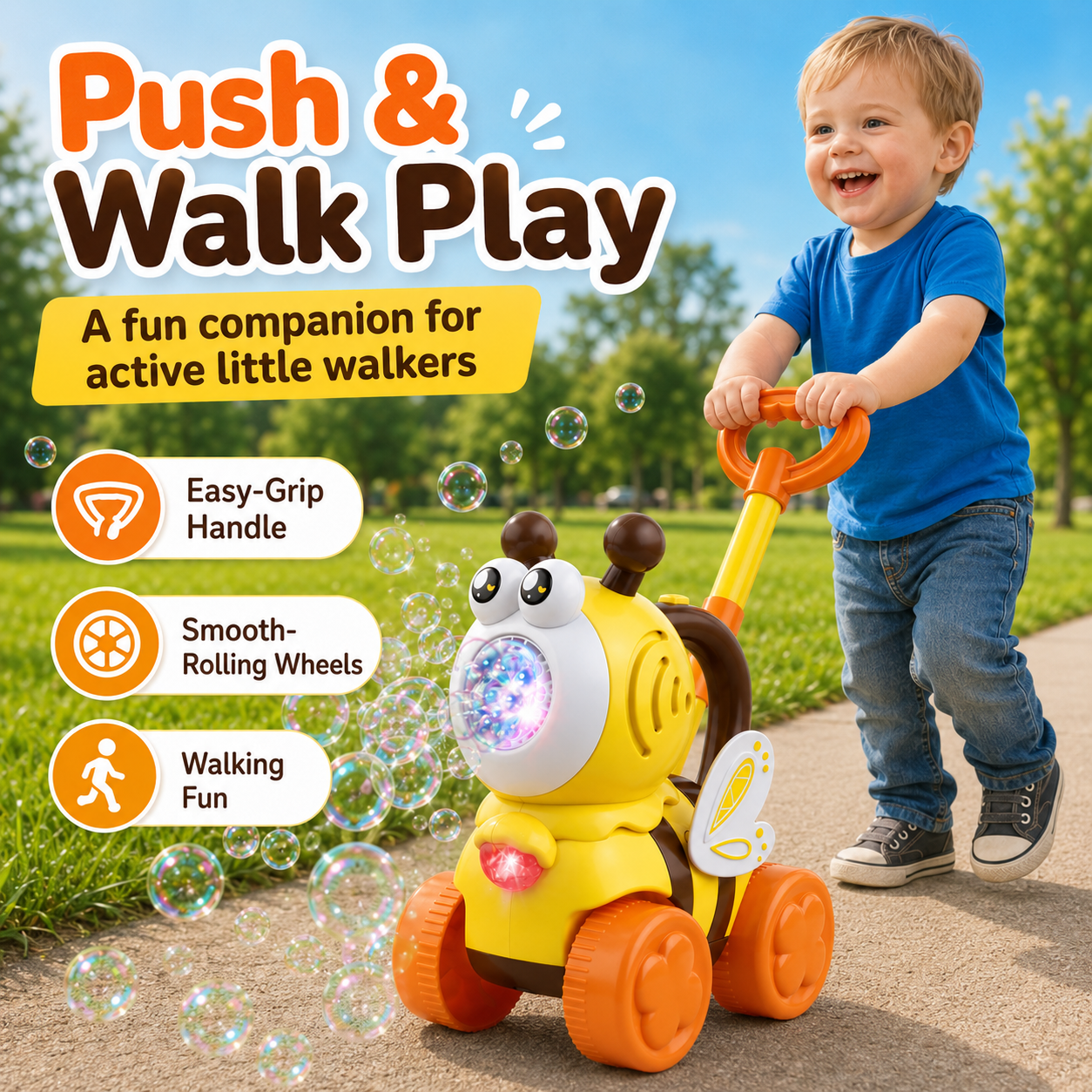 Bubble Machine for Toddlers, Cute Bee-Shaped 2-in-1 Push Walker & Handheld Bubble Blower Toy with Colorful Lights, Outdoor Toy for Boys and Girls