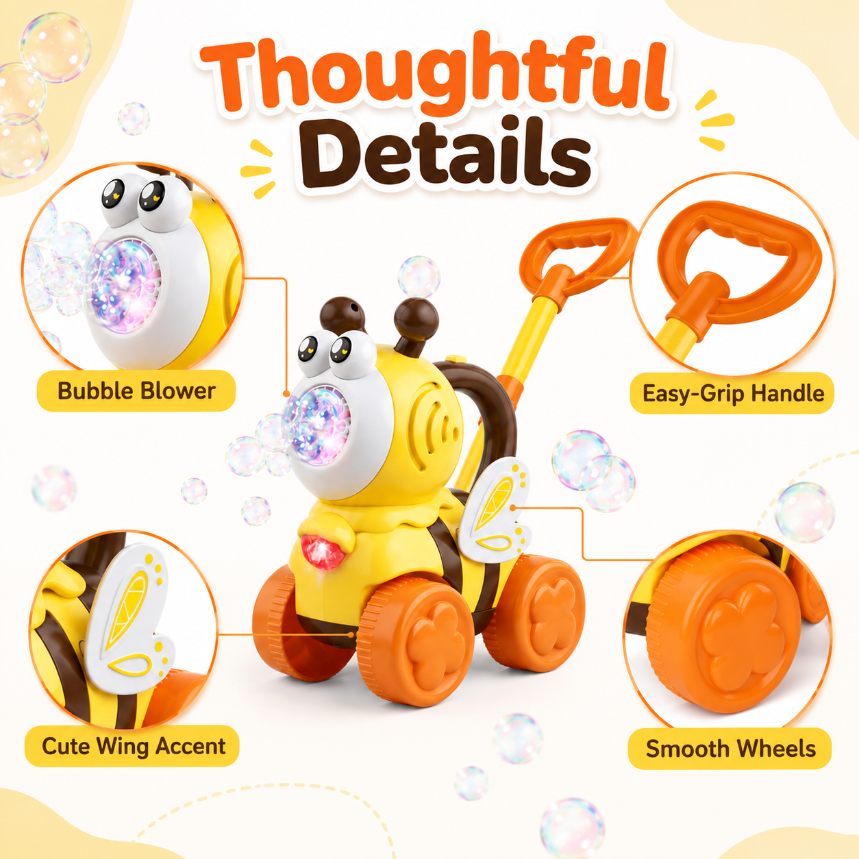 Bubble Machine for Toddlers, Cute Bee-Shaped 2-in-1 Push Walker & Handheld Bubble Blower Toy with Colorful Lights, Outdoor Toy for Boys and Girls