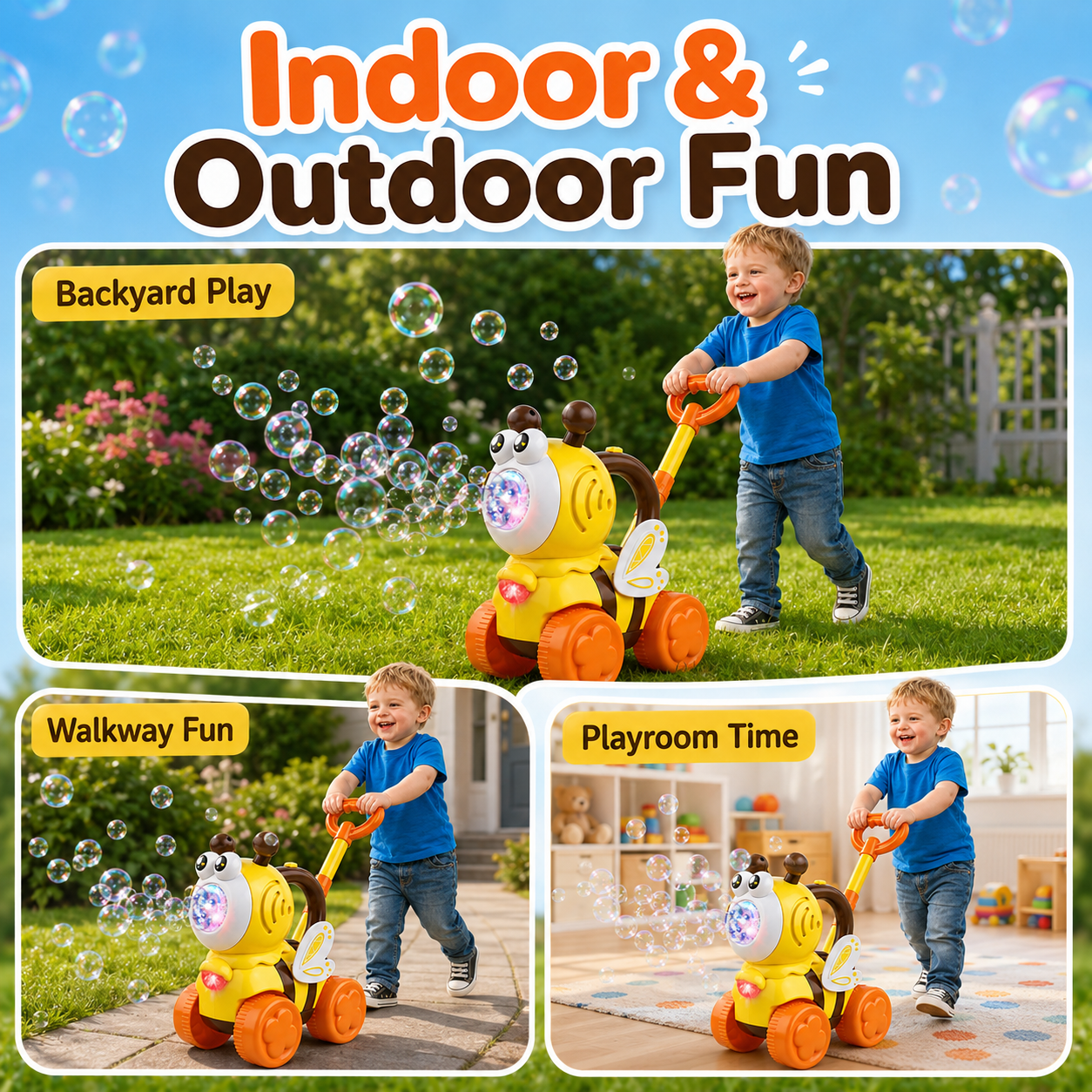 Bubble Machine for Toddlers, Cute Bee-Shaped 2-in-1 Push Walker & Handheld Bubble Blower Toy with Colorful Lights, Outdoor Toy for Boys and Girls