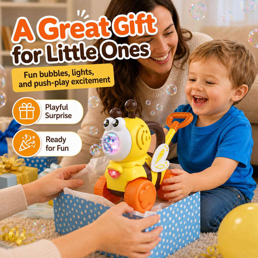 Bubble Machine for Toddlers, Cute Bee-Shaped 2-in-1 Push Walker & Handheld Bubble Blower Toy with Colorful Lights, Outdoor Toy for Boys and Girls