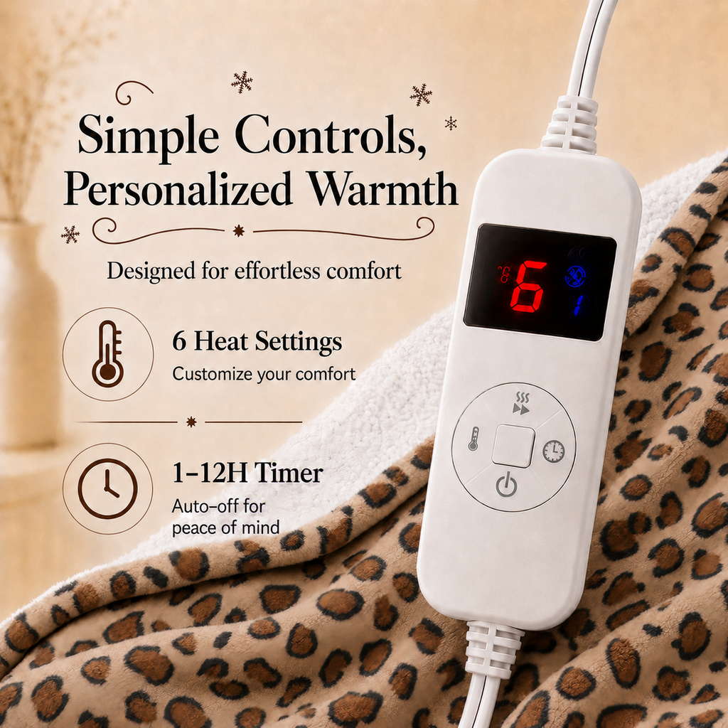 PYROEPLEEA Heated Electric Blanket Full Size 72 x 84 in, Flannel Sherpa, 6 Heat Settings, 1-12 Hour Auto Off, Machine Washable for Bed or Couch-Caramel Leopard