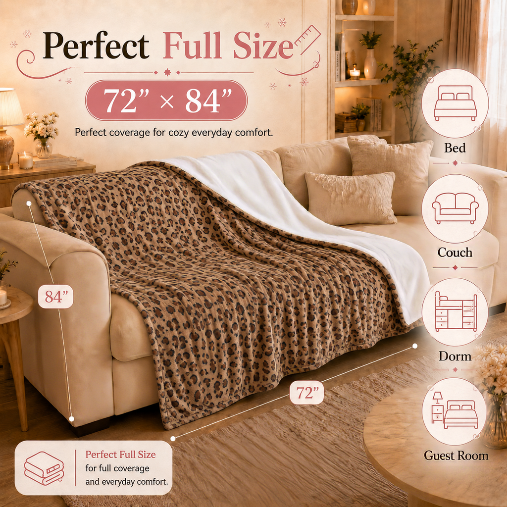 PYROEPLEEA Heated Electric Blanket Full Size 72 x 84 in, Flannel Sherpa, 6 Heat Settings, 1-12 Hour Auto Off, Machine Washable for Bed or Couch-Caramel Leopard