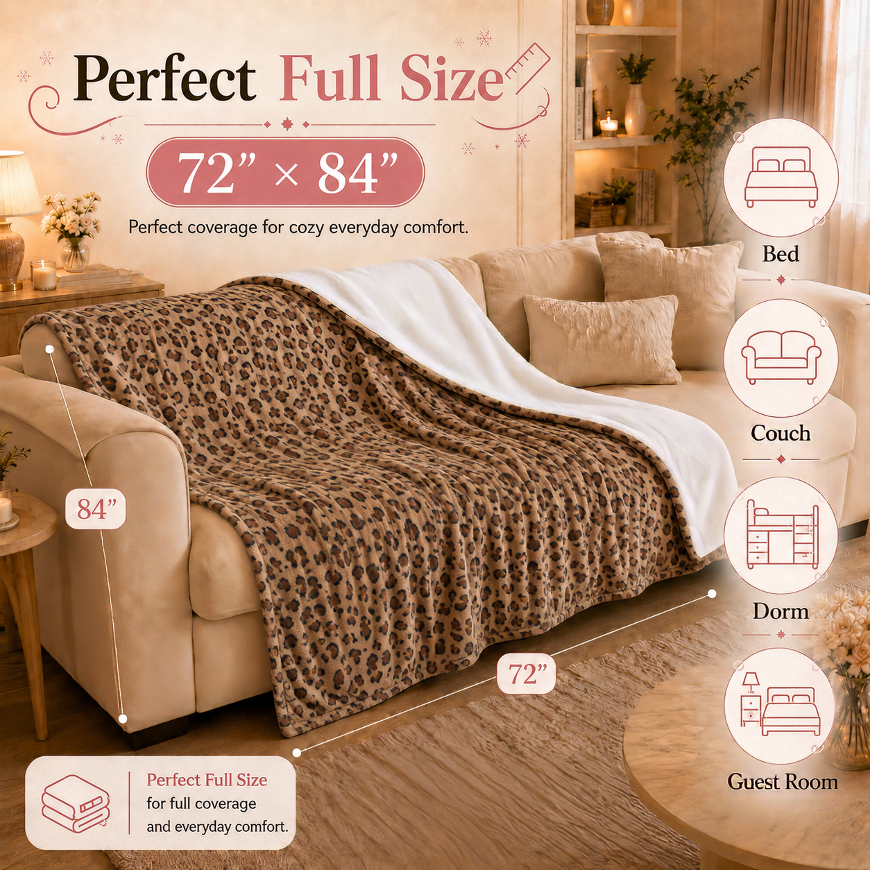 PYROEPLEEA Heated Electric Blanket Full Size 72 x 84 in, Flannel Sherpa, 6 Heat Settings, 1-12 Hour Auto Off, Machine Washable for Bed or Couch-Caramel Leopard