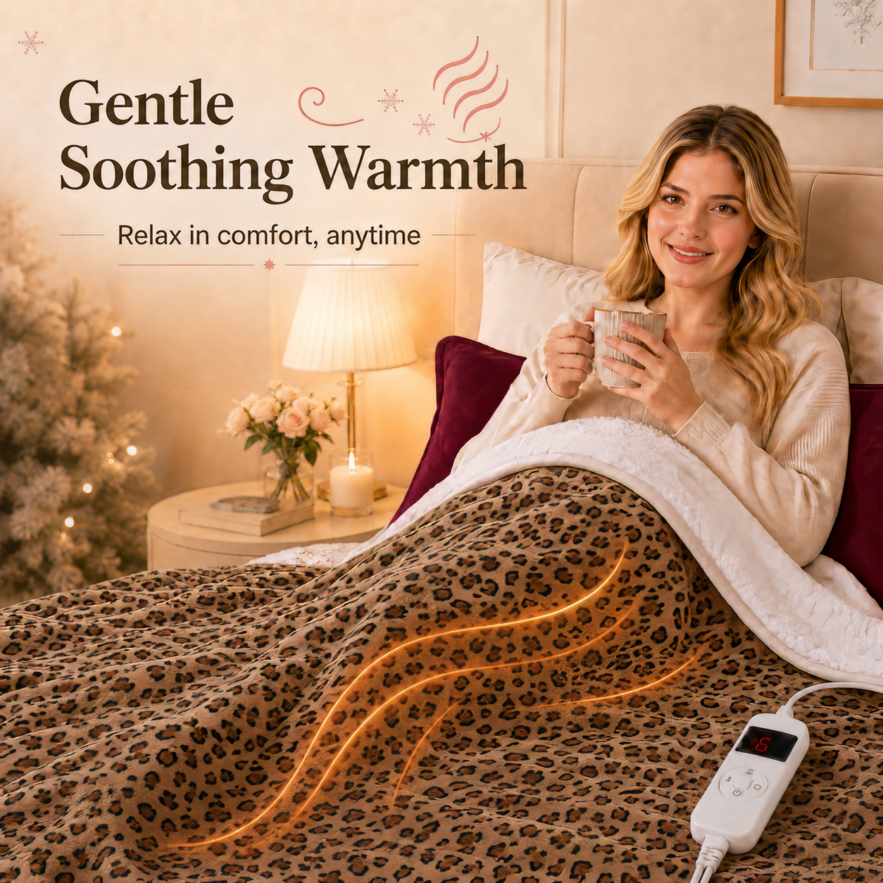 PYROEPLEEA Heated Throw Blanket 50 x 60 in, Flannel Sherpa, 6 Heat Settings, 1-12 Hour Auto Off, Machine Washable for Couch or Bed-Caramel Leopard