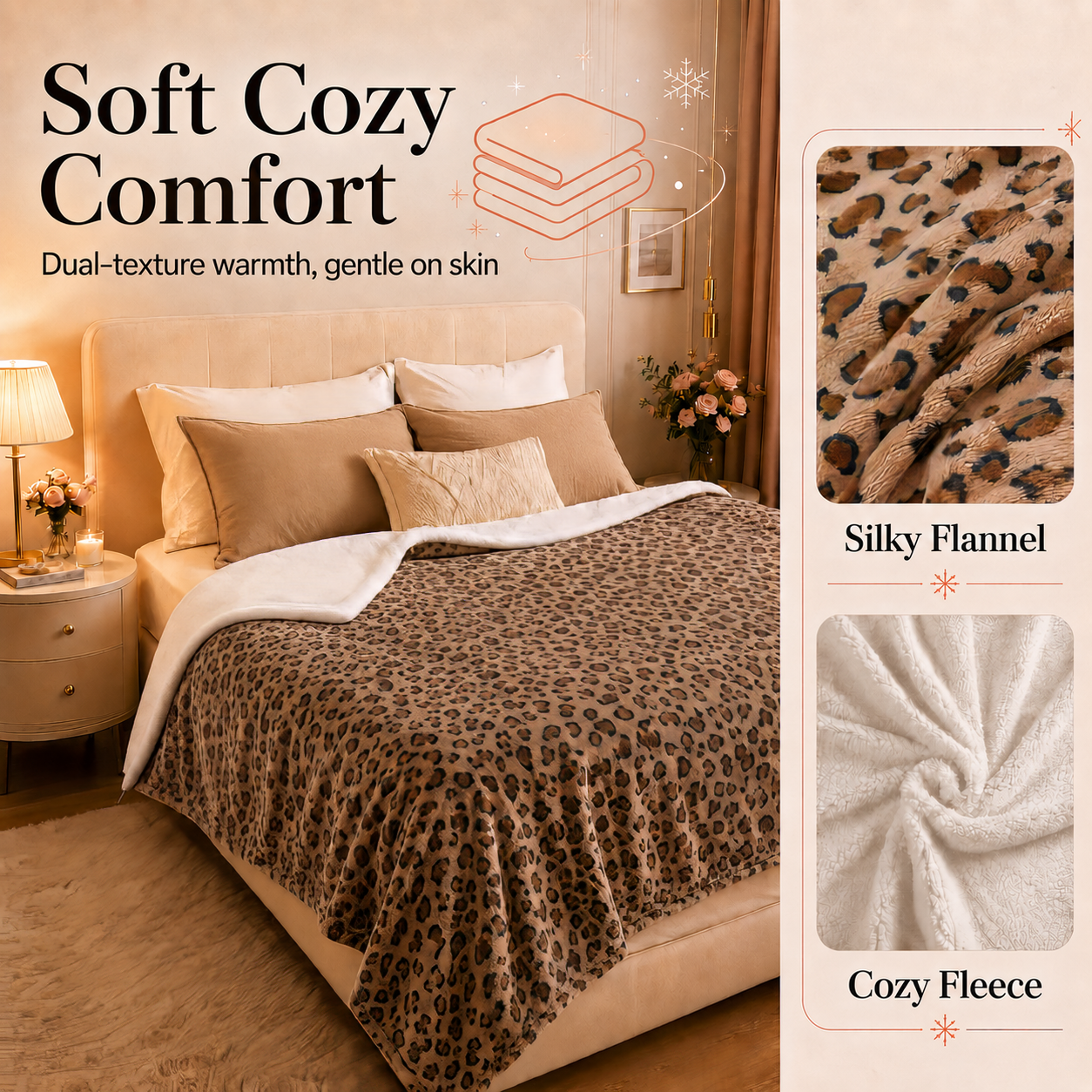 PYROEPLEEA Heated Electric Blanket Full Size 72 x 84 in, Flannel Sherpa, 6 Heat Settings, 1-12 Hour Auto Off, Machine Washable for Bed or Couch-Caramel Leopard
