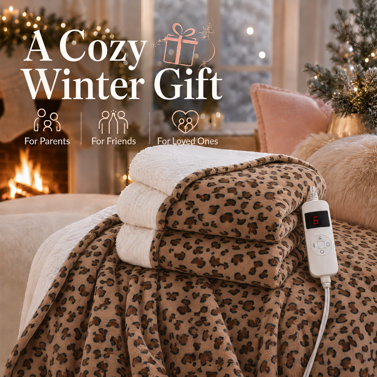 PYROEPLEEA Heated Electric Blanket Full Size 72 x 84 in, Flannel Sherpa, 6 Heat Settings, 1-12 Hour Auto Off, Machine Washable for Bed or Couch-Caramel Leopard