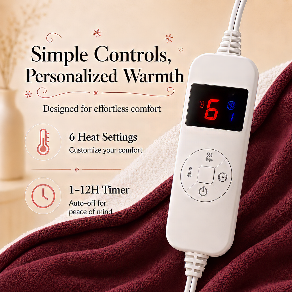 PYROEPLEEA Heated Electric Blanket Full Size 72 x 84 in, Flannel Sherpa, 6 Heat Settings, 1-12 Hour Auto Off, Machine Washable for Bed or Couch-Red