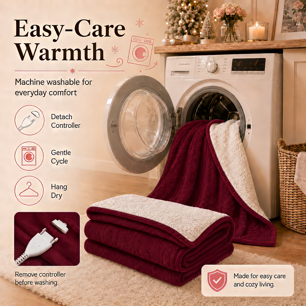 PYROEPLEEA Heated Electric Blanket Full Size 72 x 84 in, Flannel Sherpa, 6 Heat Settings, 1-12 Hour Auto Off, Machine Washable for Bed or Couch-Red