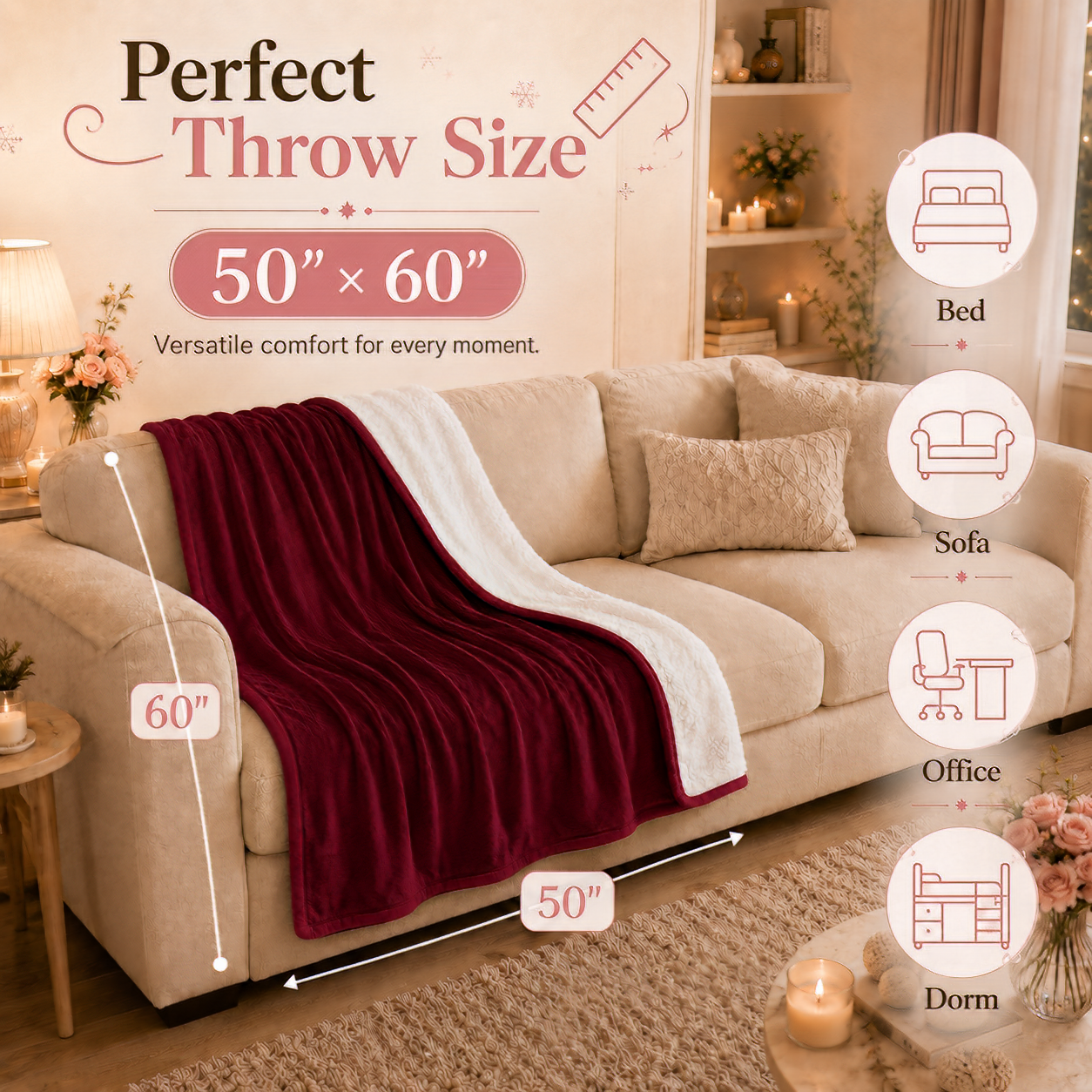 PYROEPLEEA Heated Throw Blanket 50 x 60 in, Flannel Sherpa, 6 Heat Settings, 1-12 Hour Auto Off, Machine Washable for Couch or Bed-Red