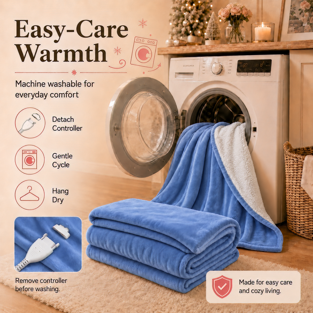 PYROEPLEEA Heated Electric Blanket Twin 62 x 84 in, Flannel Sherpa, 6 Heat Settings, 1-12 Hour Auto Off, Machine Washable for Bed or Couch-Dusty Blue