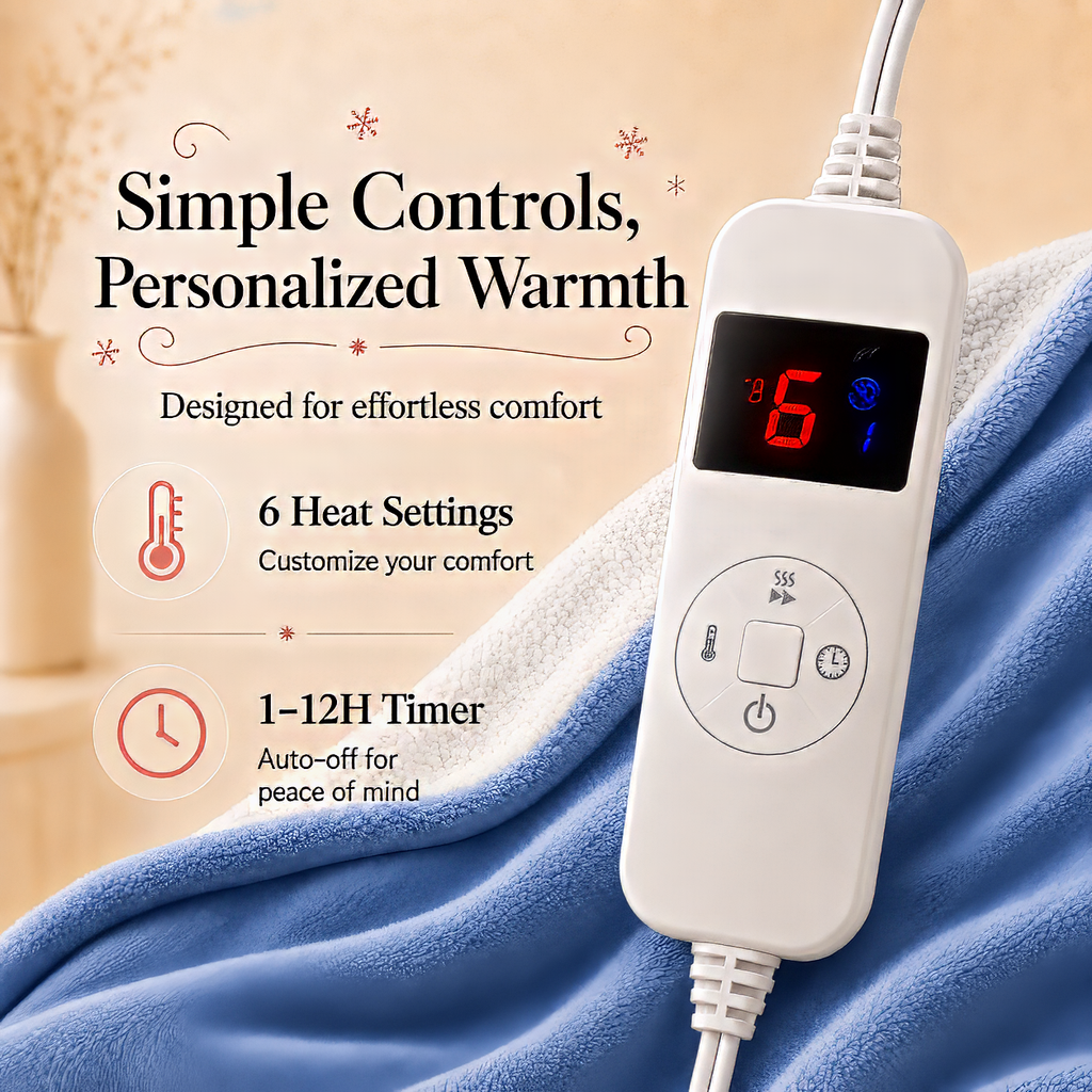 PYROEPLEEA Heated Electric Blanket Twin 62 x 84 in, Flannel Sherpa, 6 Heat Settings, 1-12 Hour Auto Off, Machine Washable for Bed or Couch-Dusty Blue