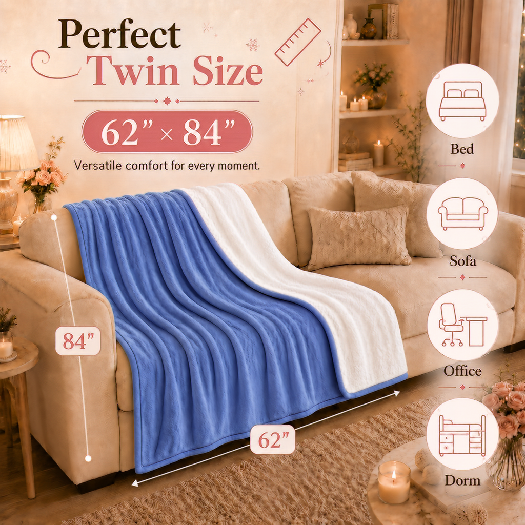 PYROEPLEEA Heated Electric Blanket Twin 62 x 84 in, Flannel Sherpa, 6 Heat Settings, 1-12 Hour Auto Off, Machine Washable for Bed or Couch-Dusty Blue