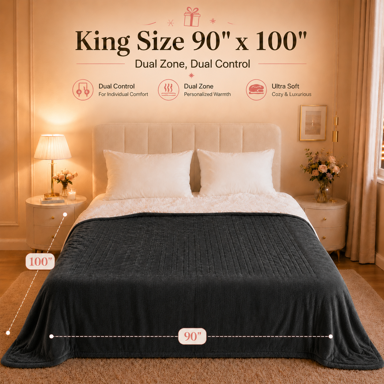 PYROEPLEEA Heated Electric Blanket King 90 x 100 in, Flannel Sherpa, 2 Controllers, Dual Zone, 6 Heat Settings, 1-12 Hour Auto Off, Washable-Dark Gray