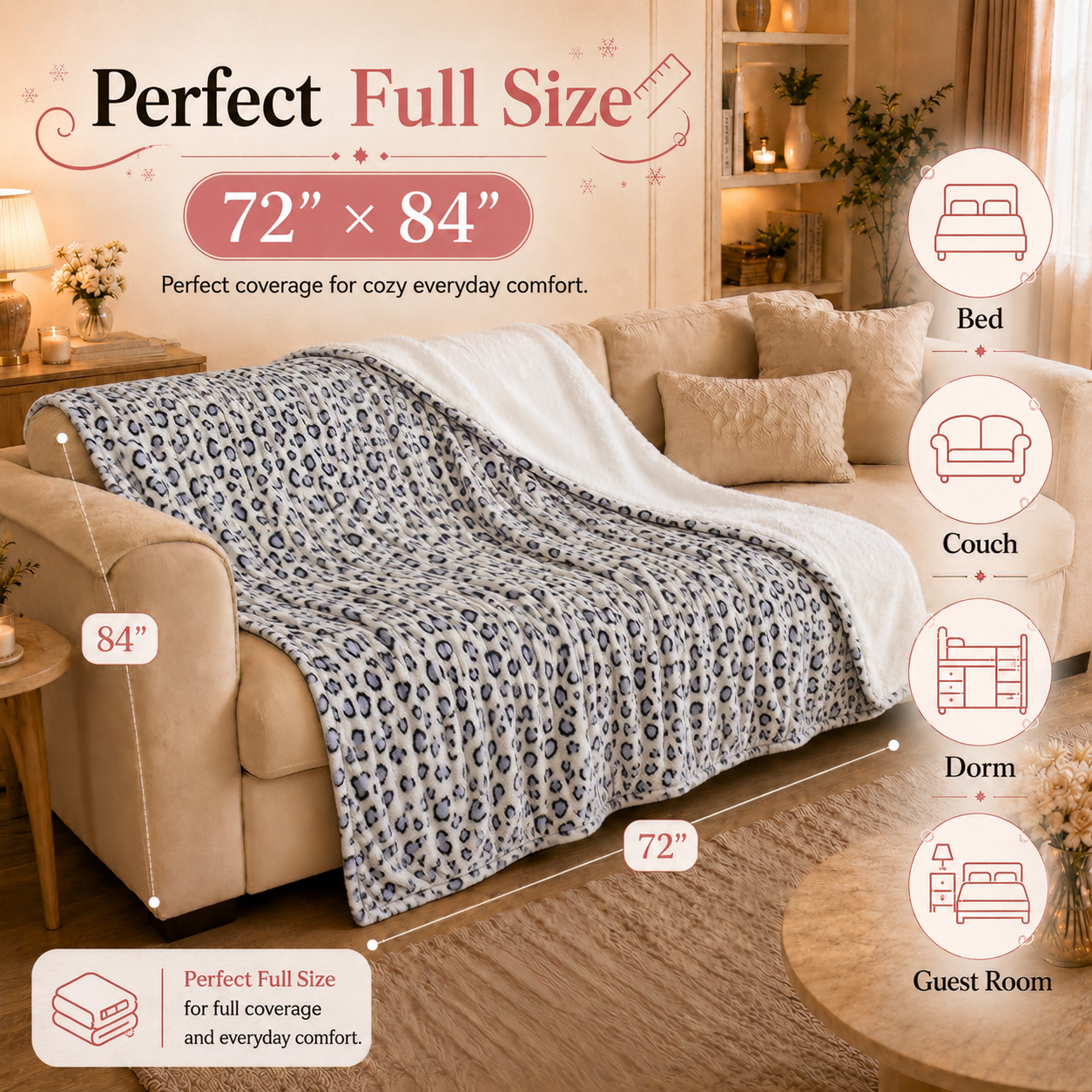 PYROEPLEEA Heated Electric Blanket Full Size 72 x 84 in, Flannel Sherpa, 6 Heat Settings, 1-12 Hour Auto Off, Machine Washable for Bed or Couch-Blue White Leopard