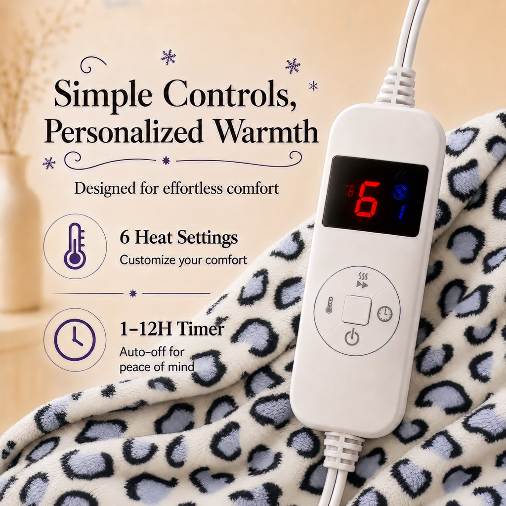 PYROEPLEEA Heated Electric Blanket Full Size 72 x 84 in, Flannel Sherpa, 6 Heat Settings, 1-12 Hour Auto Off, Machine Washable for Bed or Couch-Blue White Leopard