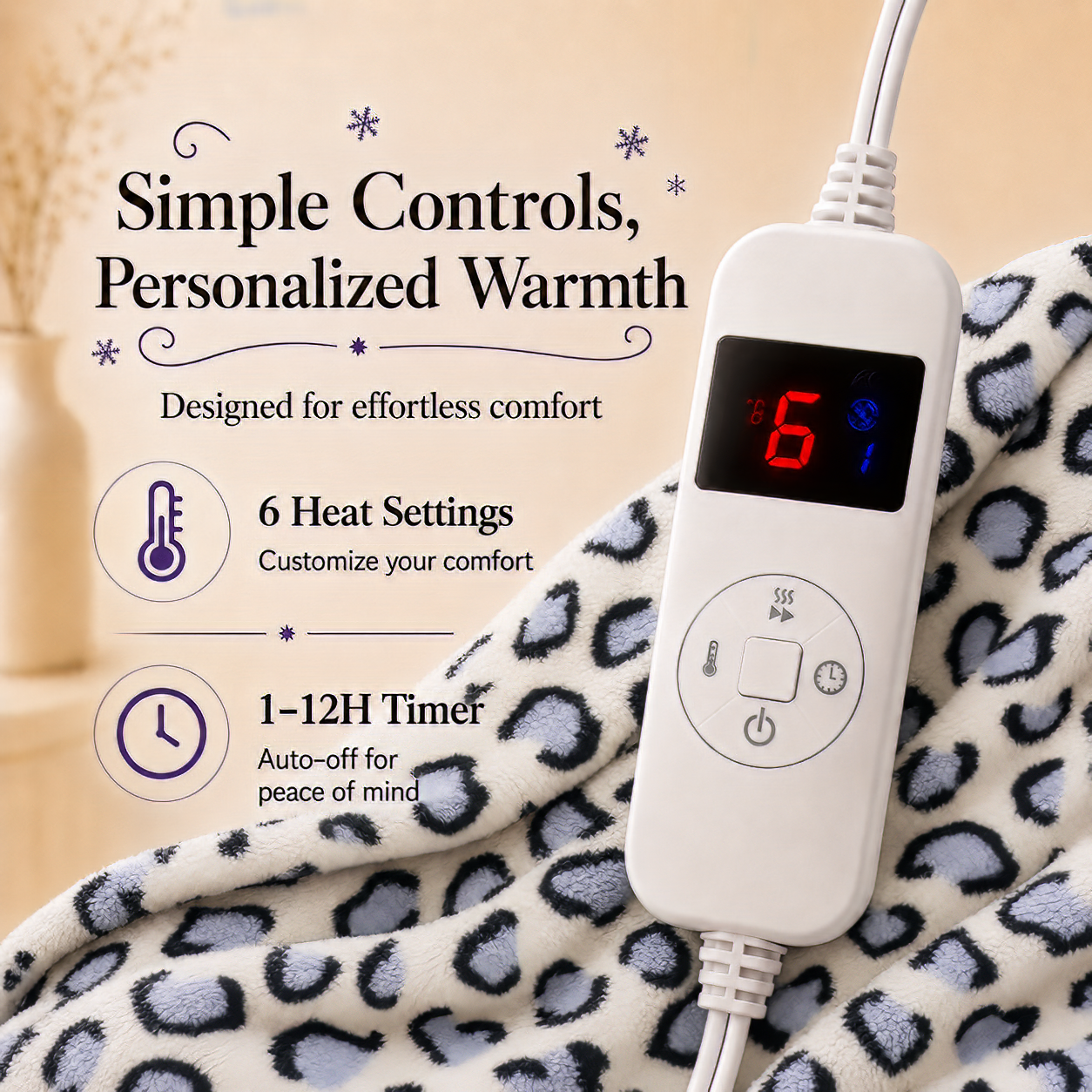 PYROEPLEEA Heated Electric Blanket Full Size 72 x 84 in, Flannel Sherpa, 6 Heat Settings, 1-12 Hour Auto Off, Machine Washable for Bed or Couch-Blue White Leopard