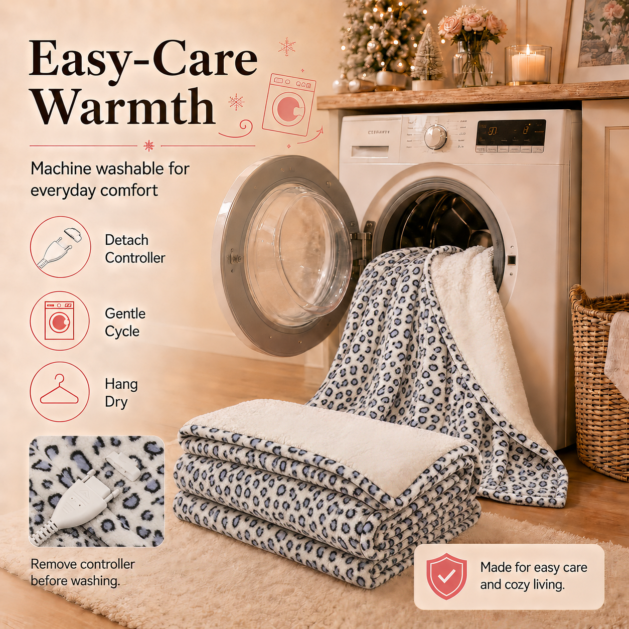 PYROEPLEEA Heated Electric Blanket Full Size 72 x 84 in, Flannel Sherpa, 6 Heat Settings, 1-12 Hour Auto Off, Machine Washable for Bed or Couch-Blue White Leopard