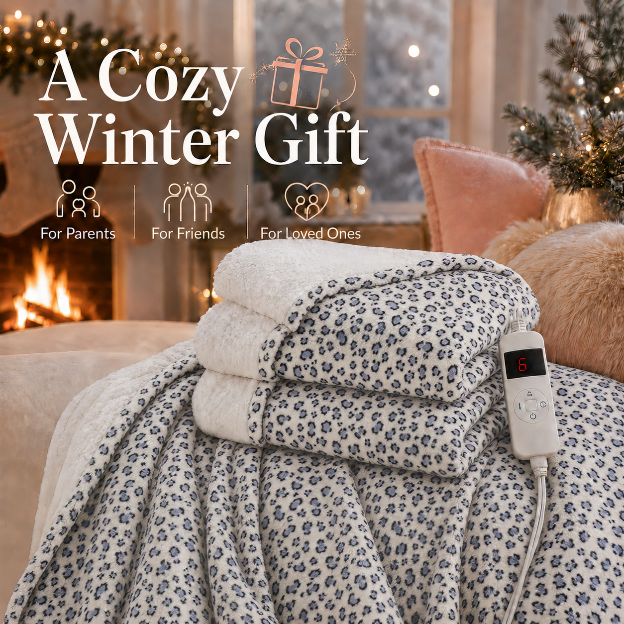 PYROEPLEEA Heated Electric Blanket Full Size 72 x 84 in, Flannel Sherpa, 6 Heat Settings, 1-12 Hour Auto Off, Machine Washable for Bed or Couch-Blue White Leopard