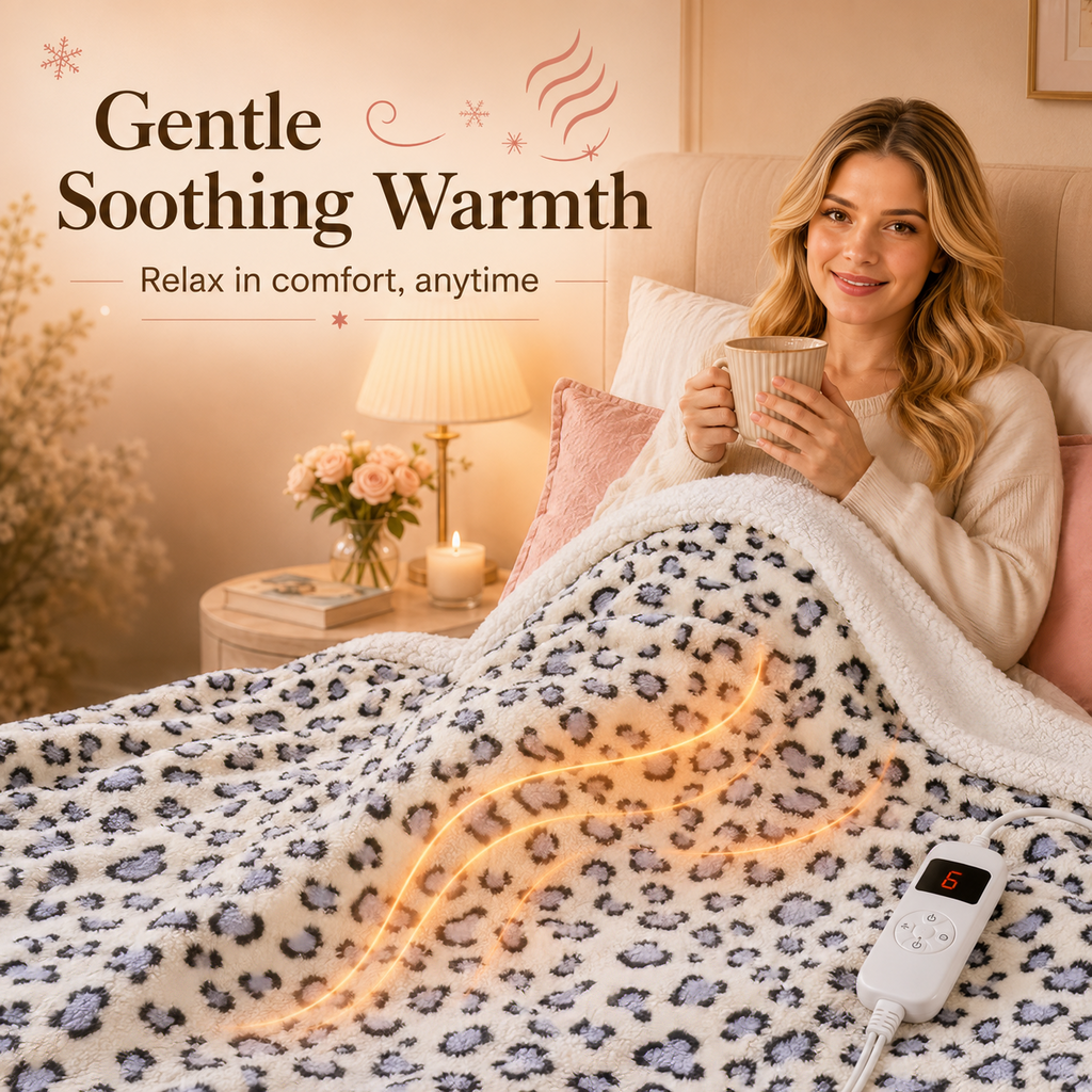 PYROEPLEEA Heated Electric Blanket Full Size 72 x 84 in, Flannel Sherpa, 6 Heat Settings, 1-12 Hour Auto Off, Machine Washable for Bed or Couch-Blue White Leopard