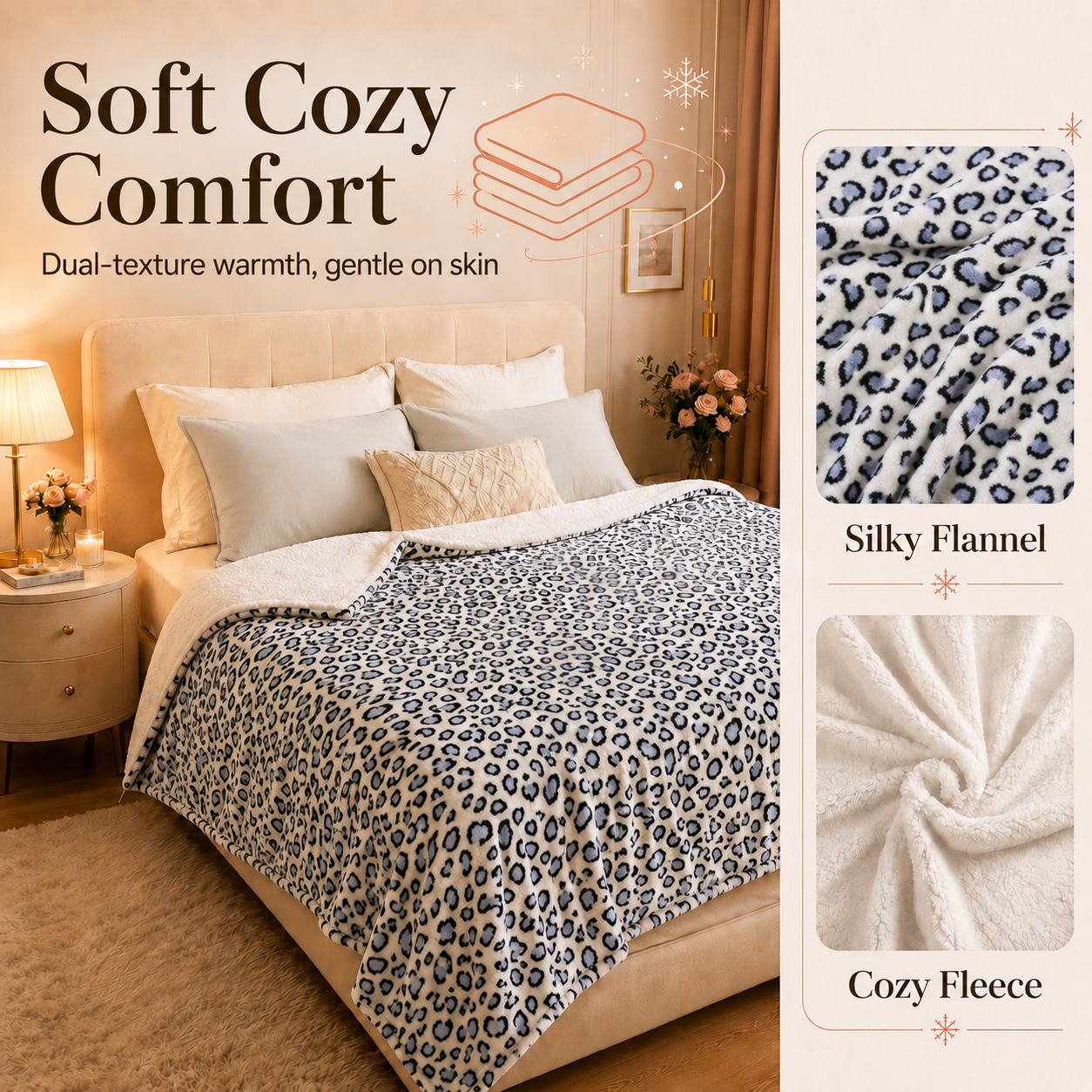 PYROEPLEEA Heated Electric Blanket Full Size 72 x 84 in, Flannel Sherpa, 6 Heat Settings, 1-12 Hour Auto Off, Machine Washable for Bed or Couch-Blue White Leopard
