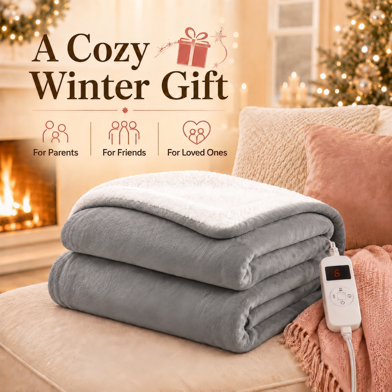 PYROEPLEEA Heated Electric Blanket Twin 62 x 84 in, Flannel Sherpa, 6 Heat Settings, 1-12 Hour Auto Off, Machine Washable for Bed or Couch-Light Gray
