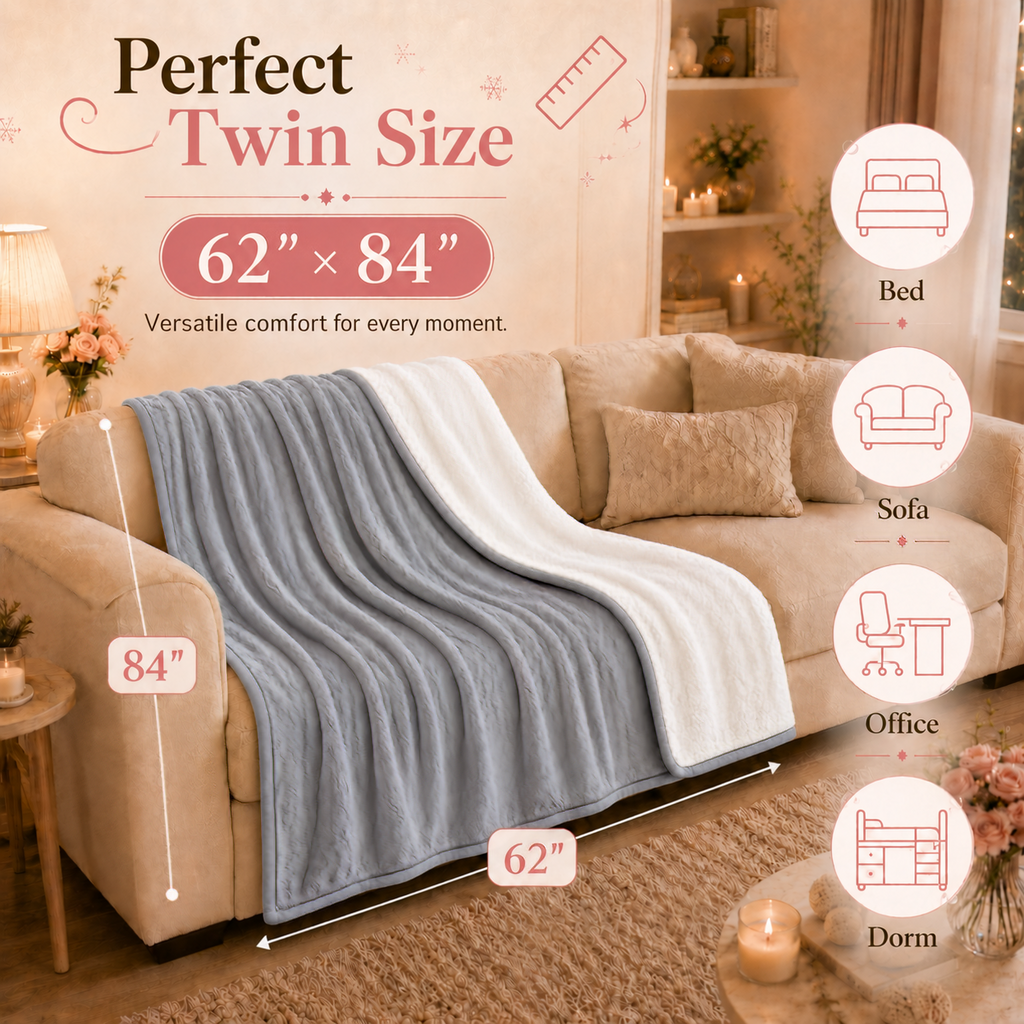 PYROEPLEEA Heated Electric Blanket Twin 62 x 84 in, Flannel Sherpa, 6 Heat Settings, 1-12 Hour Auto Off, Machine Washable for Bed or Couch-Light Gray