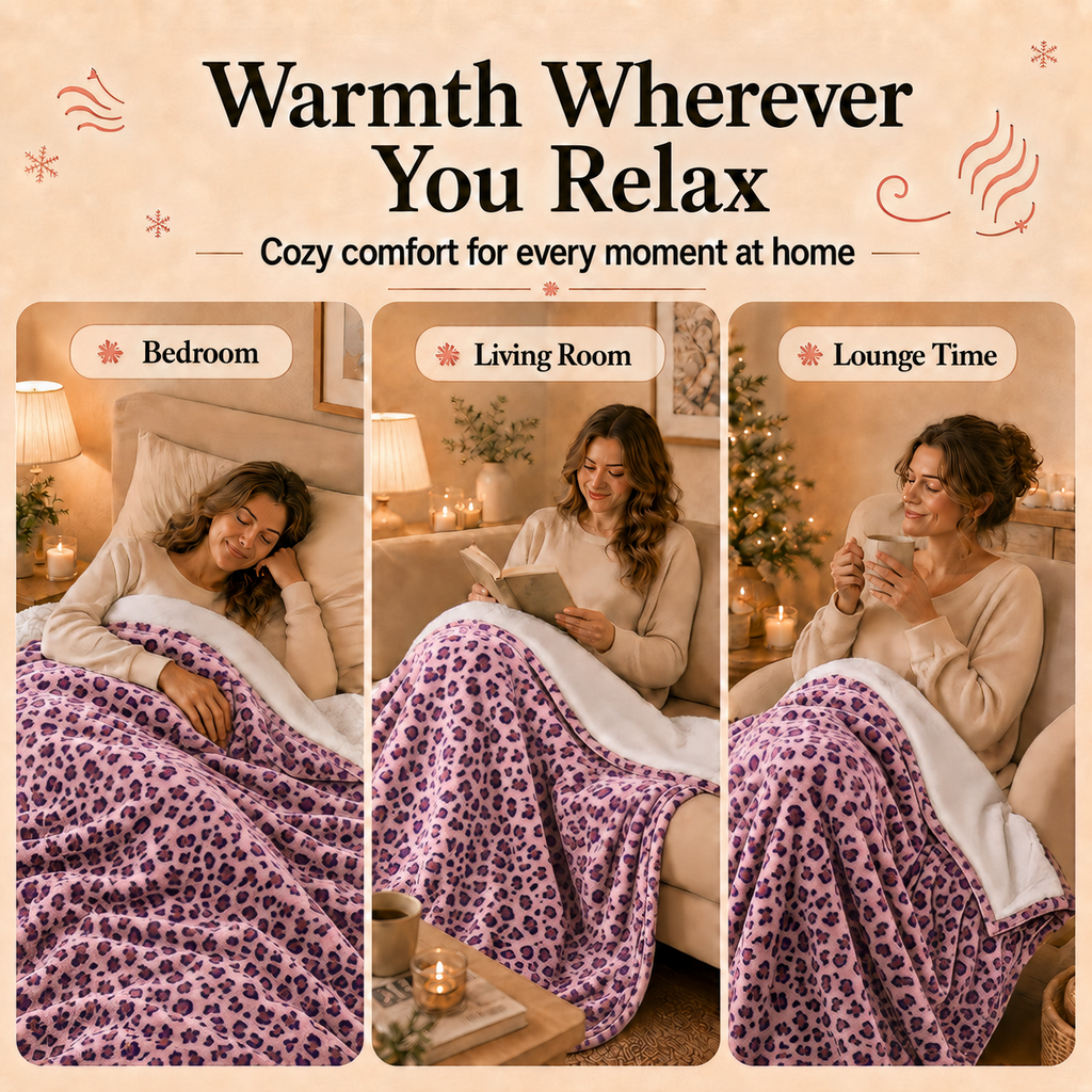 PYROEPLEEA Heated Electric Blanket Full Size 72 x 84 in, Flannel Sherpa, 6 Heat Settings, 1-12 Hour Auto Off, Machine Washable for Bed or Couch-Pink Purple Leopard