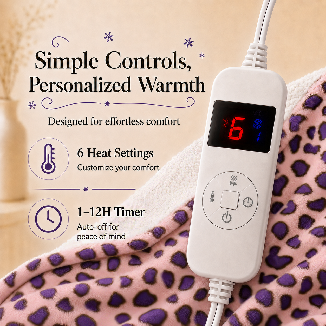PYROEPLEEA Heated Throw Blanket 50 x 60 in, Flannel Sherpa, 6 Heat Settings, 1-12 Hour Auto Off, Machine Washable for Couch or Bed-Pink Purple Leopard
