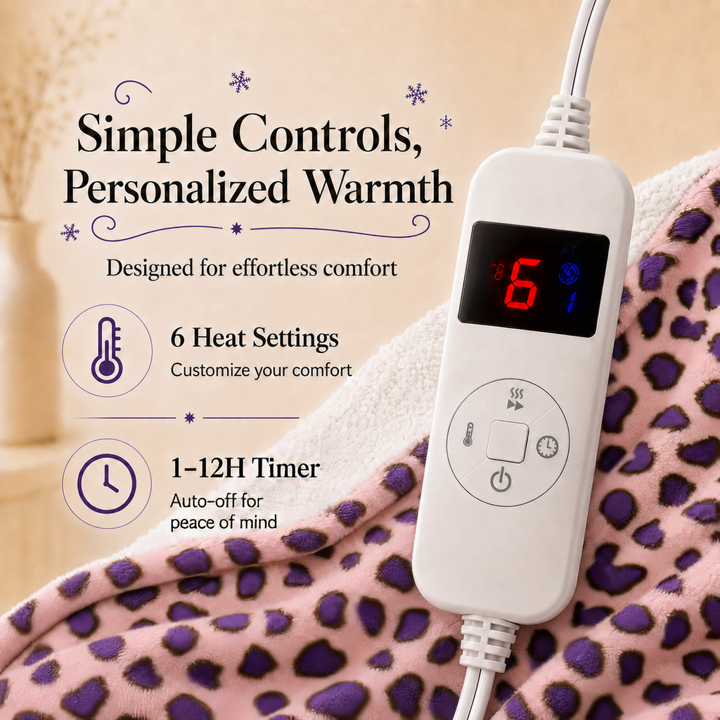 PYROEPLEEA Heated Electric Blanket Full Size 72 x 84 in, Flannel Sherpa, 6 Heat Settings, 1-12 Hour Auto Off, Machine Washable for Bed or Couch-Pink Purple Leopard