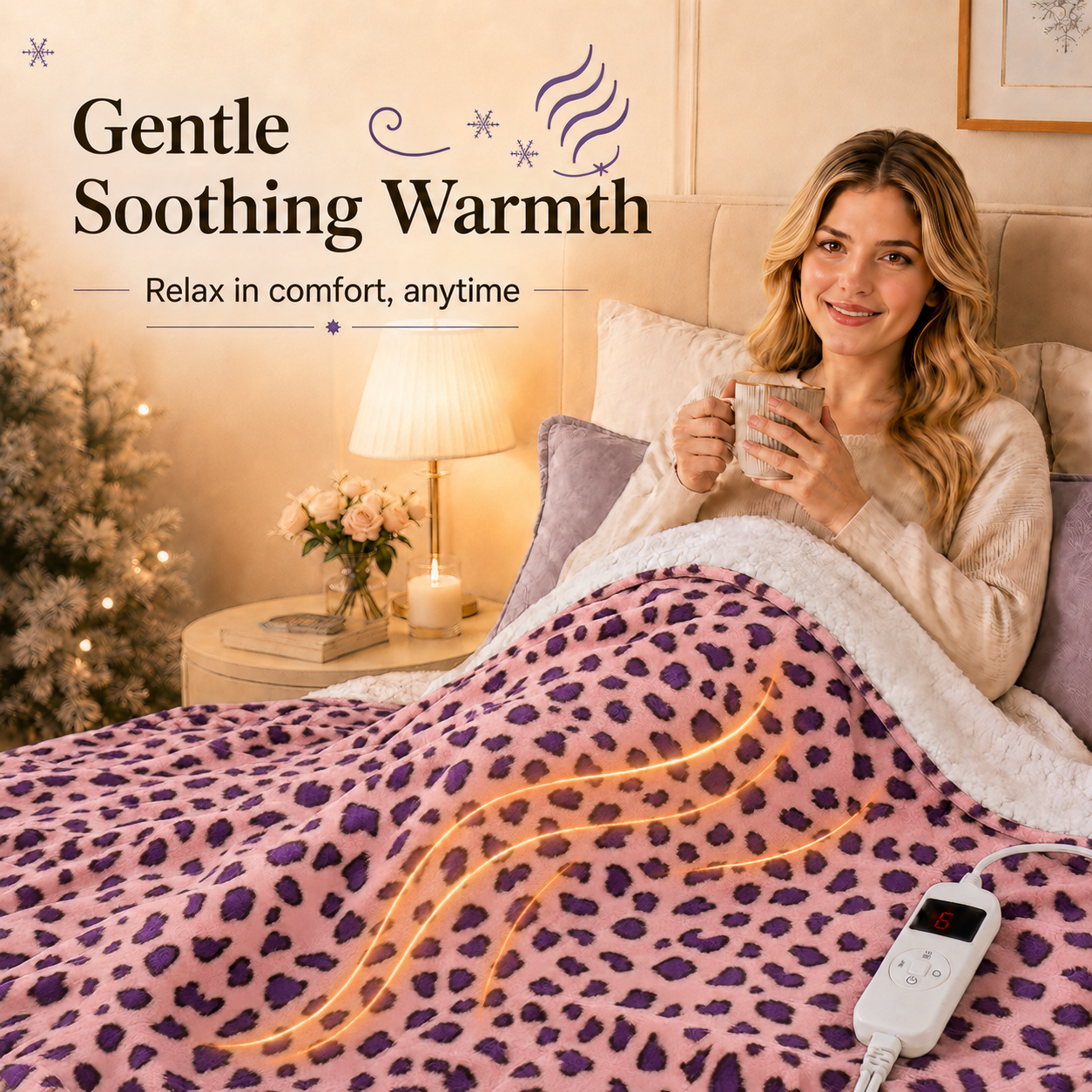 PYROEPLEEA Heated Electric Blanket Full Size 72 x 84 in, Flannel Sherpa, 6 Heat Settings, 1-12 Hour Auto Off, Machine Washable for Bed or Couch-Pink Purple Leopard
