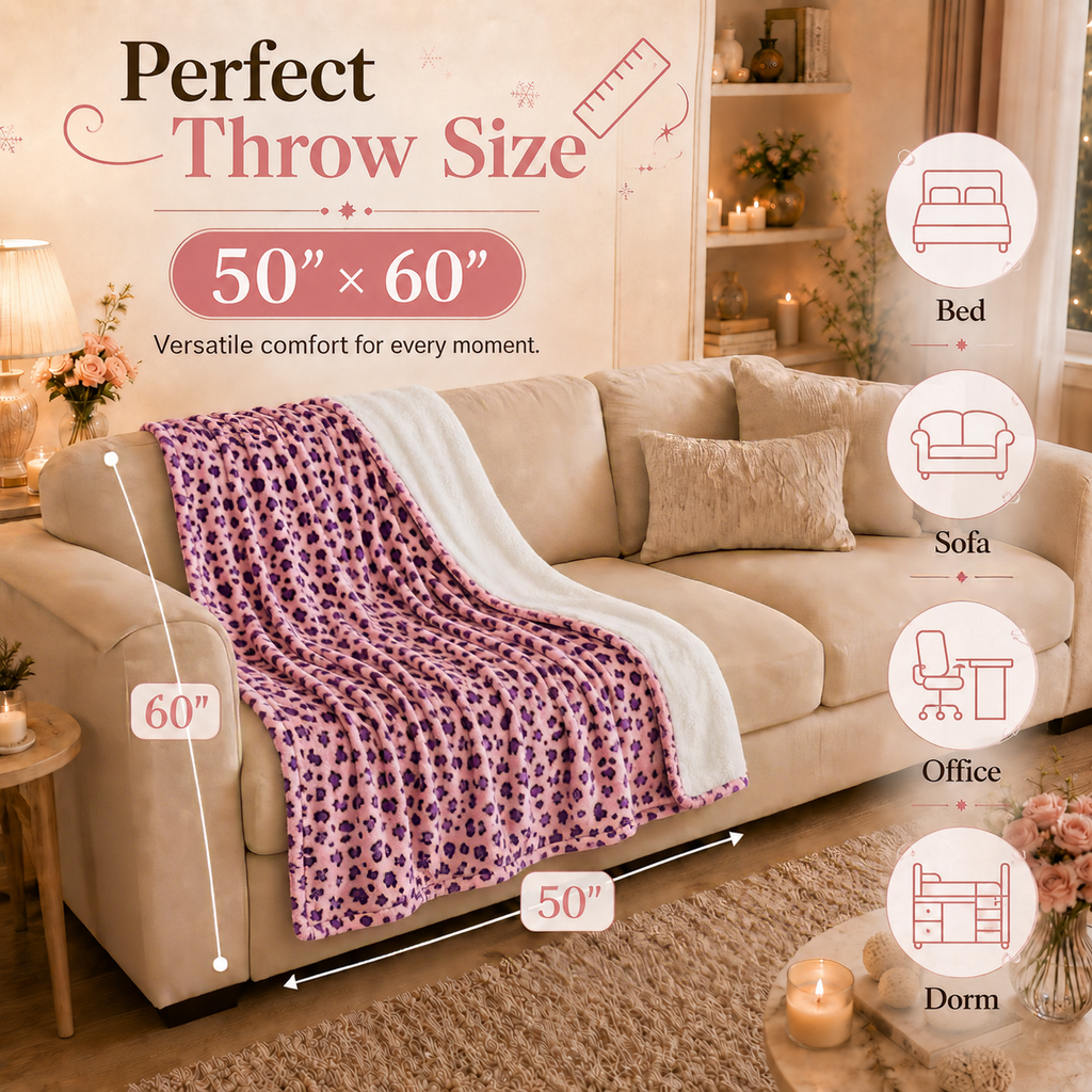 PYROEPLEEA Heated Throw Blanket 50 x 60 in, Flannel Sherpa, 6 Heat Settings, 1-12 Hour Auto Off, Machine Washable for Couch or Bed-Pink Purple Leopard