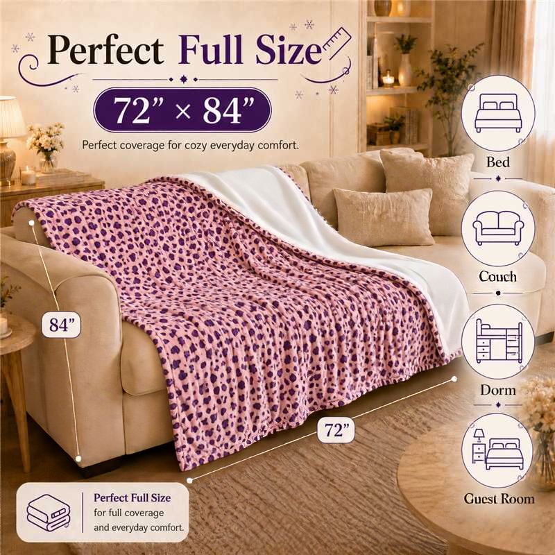 PYROEPLEEA Heated Electric Blanket Full Size 72 x 84 in, Flannel Sherpa, 6 Heat Settings, 1-12 Hour Auto Off, Machine Washable for Bed or Couch-Pink Purple Leopard