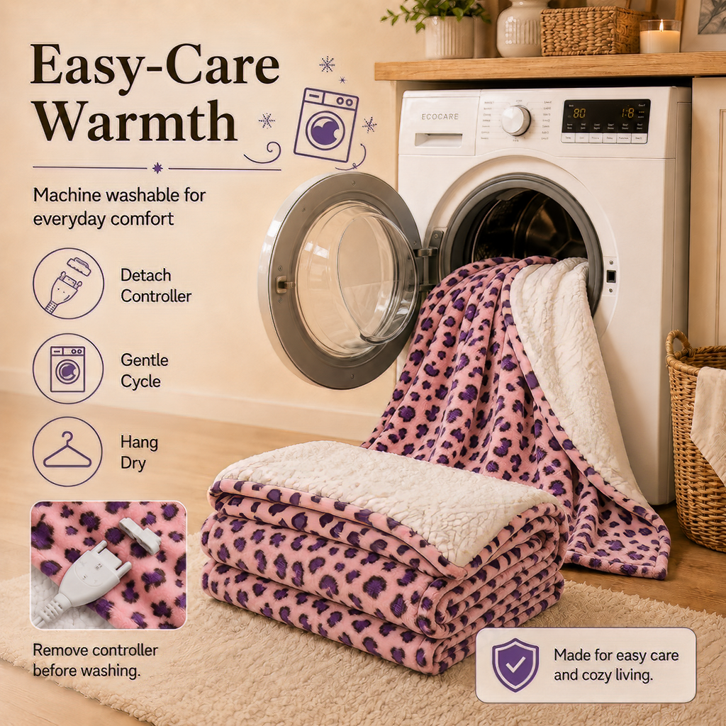 PYROEPLEEA Heated Throw Blanket 50 x 60 in, Flannel Sherpa, 6 Heat Settings, 1-12 Hour Auto Off, Machine Washable for Couch or Bed-Pink Purple Leopard