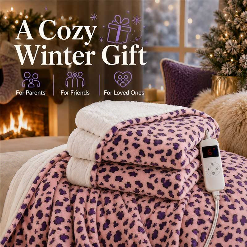 PYROEPLEEA Heated Electric Blanket Full Size 72 x 84 in, Flannel Sherpa, 6 Heat Settings, 1-12 Hour Auto Off, Machine Washable for Bed or Couch-Pink Purple Leopard