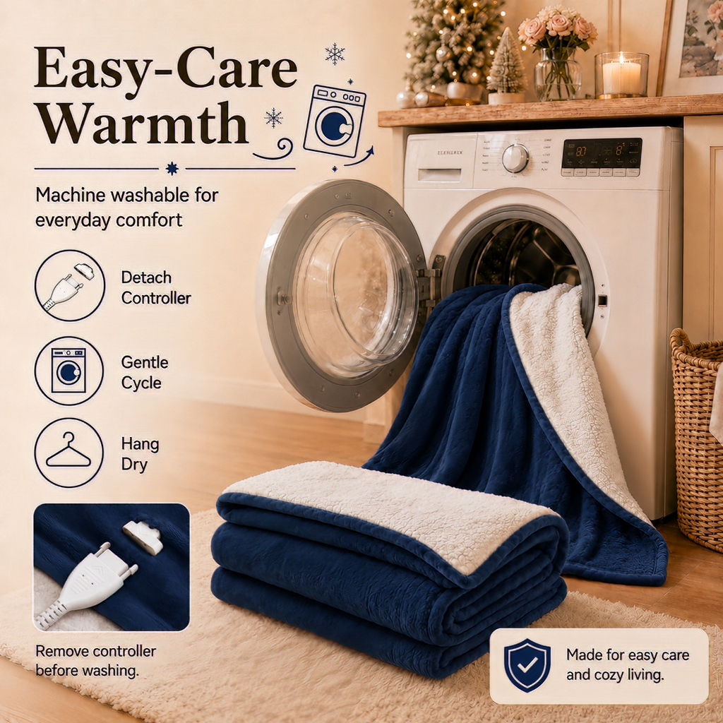 PYROEPLEEA Heated Electric Blanket Queen 84 x 90 in, Flannel Sherpa, 2 Controllers, Dual Zone, 6 Heat Settings, 1-12 Hour Auto Off, Washable-Navy Blue