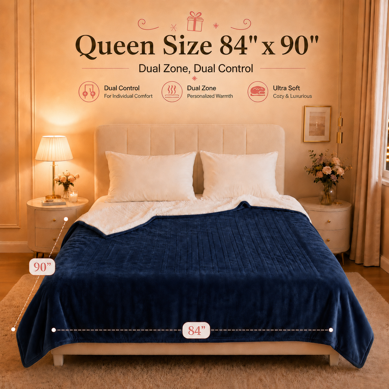 PYROEPLEEA Heated Electric Blanket Queen 84 x 90 in, Flannel Sherpa, 2 Controllers, Dual Zone, 6 Heat Settings, 1-12 Hour Auto Off, Washable-Navy Blue