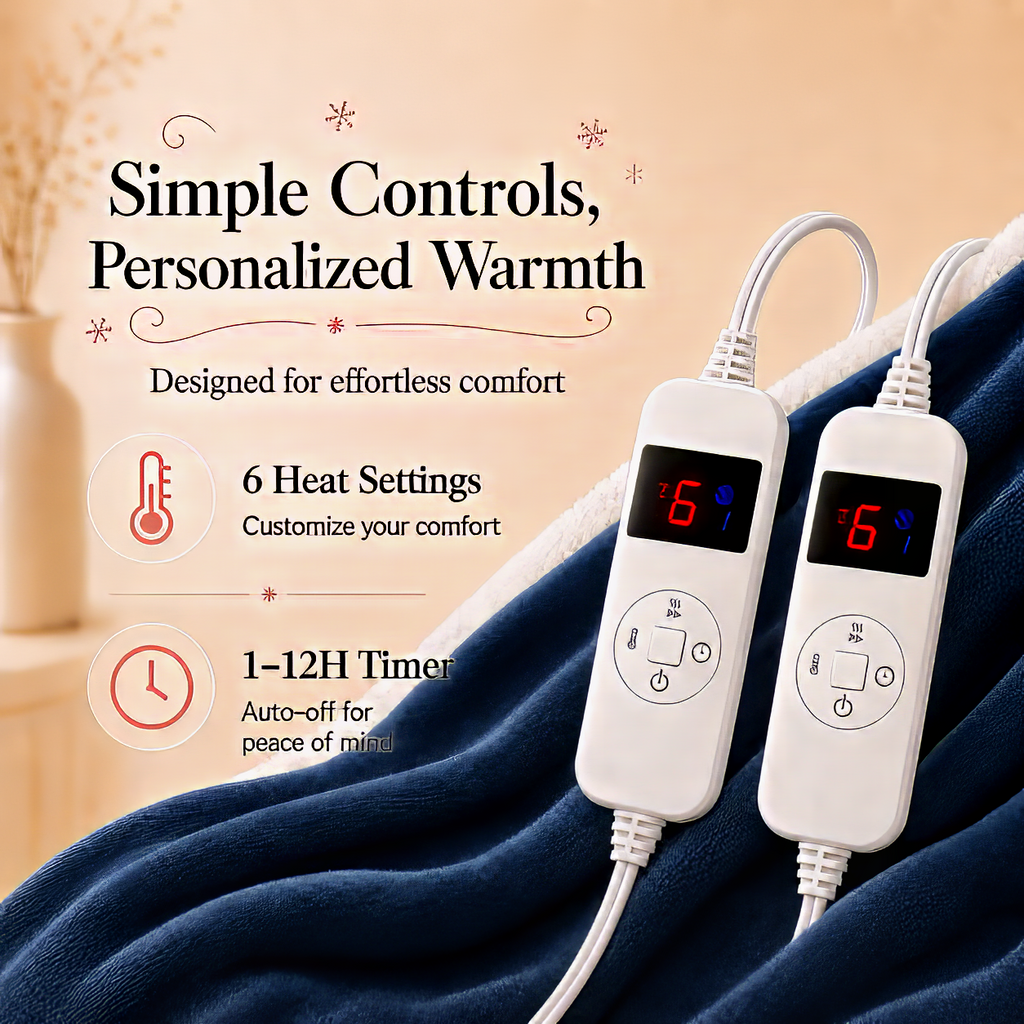 PYROEPLEEA Heated Electric Blanket Queen 84 x 90 in, Flannel Sherpa, 2 Controllers, Dual Zone, 6 Heat Settings, 1-12 Hour Auto Off, Washable-Navy Blue